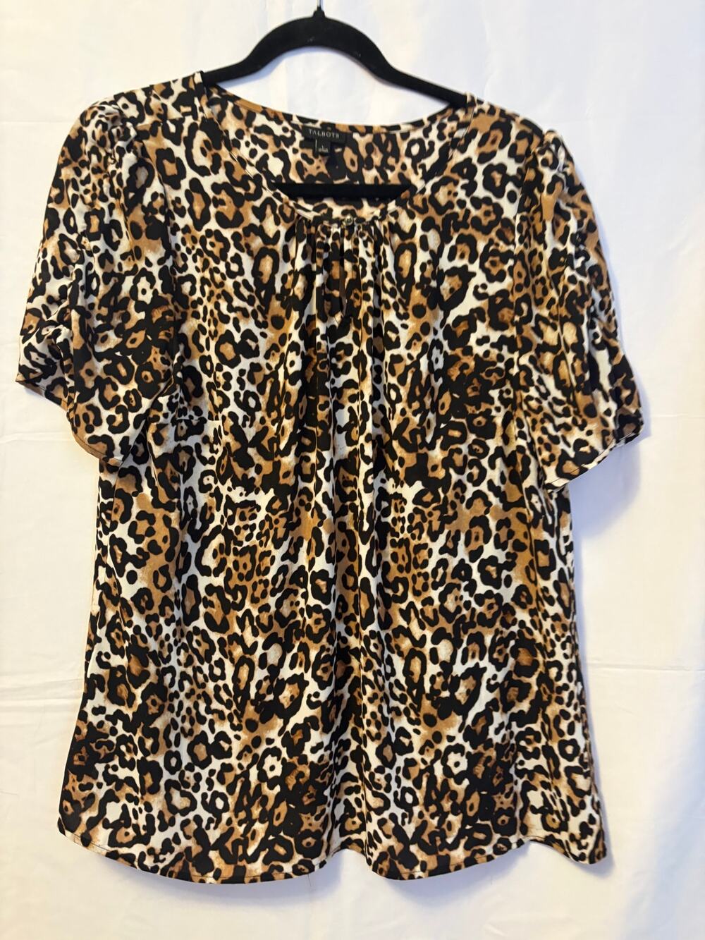 Talbots Tan Black Leopard Print Key Hole Short Sleeve Blouse Women's Size L